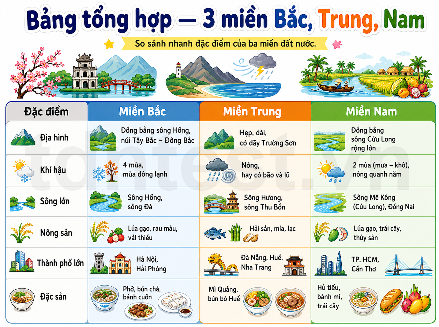 Bảng tổng hợp — 3 miền Bắc, Trung, Nam